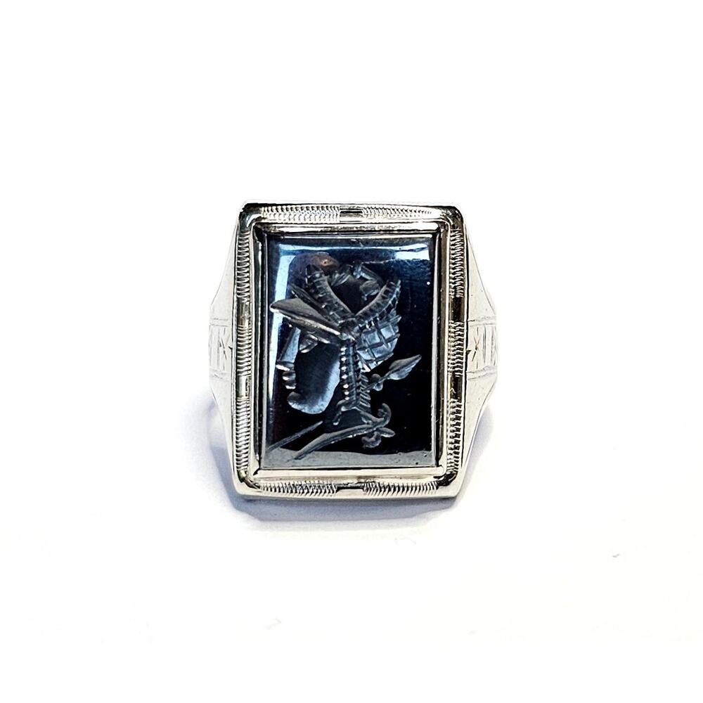 10K Intaglio Men Ring Hematite White Gold Size 9